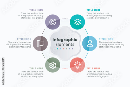 Circle chart infographic template with 6 options for presentations and a full editable vector.