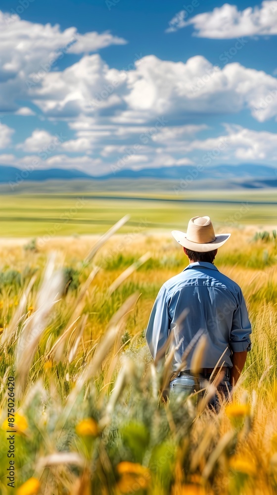Rancher applying biofeedback for stress relief during rangeland management in scenic countryside Rancher applying biofeedback for stress relief during rangeland management in scenic countryside