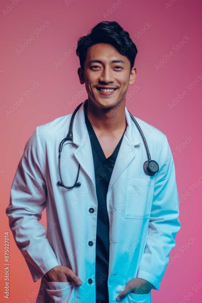 Smiling doctor with stethoscope in a lab coat on a pink background Smiling doctor with stethoscope in a lab coat on a pink background