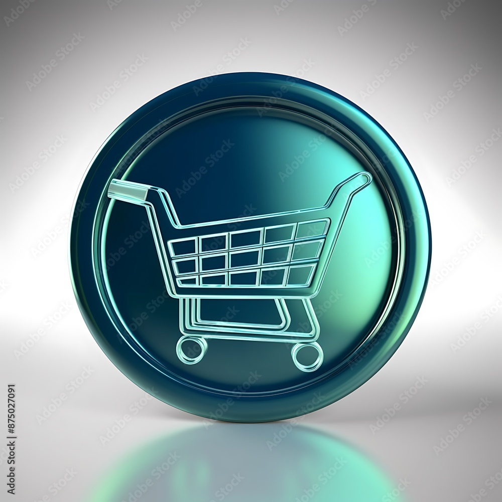 3D Render of a Blue and Green Metallic Shopping Cart Icon