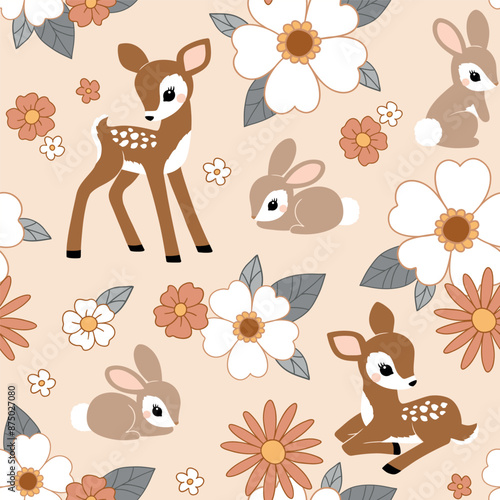 Seamless vector pattern with hand drawn cute vintage deer, rabbit and flowers. Retro floral background. Perfect for textile, wallpaper or nursery print design.
