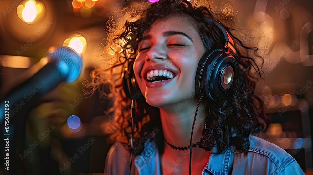 Female podcaster hosting a solo episode with engaging storytelling Female podcaster hosting a solo episode with engaging storytelling