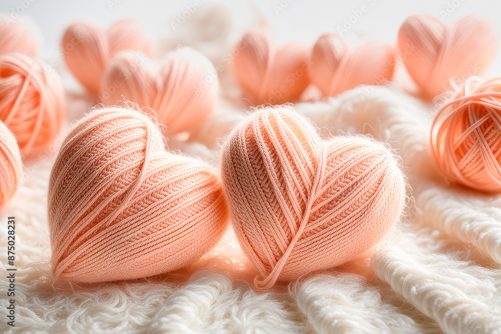 Heart-shaped knitting yarn in soft peach color, Valentine's day card,Romantic sign. Copy space Heart-shaped knitting yarn in soft peach color, Valentine's day card,Romantic sign. Copy space