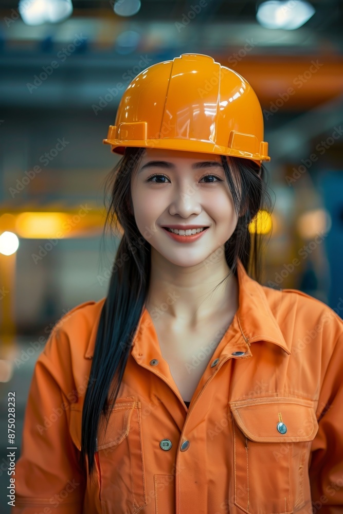 Female industrial worker in an orange jumpsuit and hard hat smiling at the camera