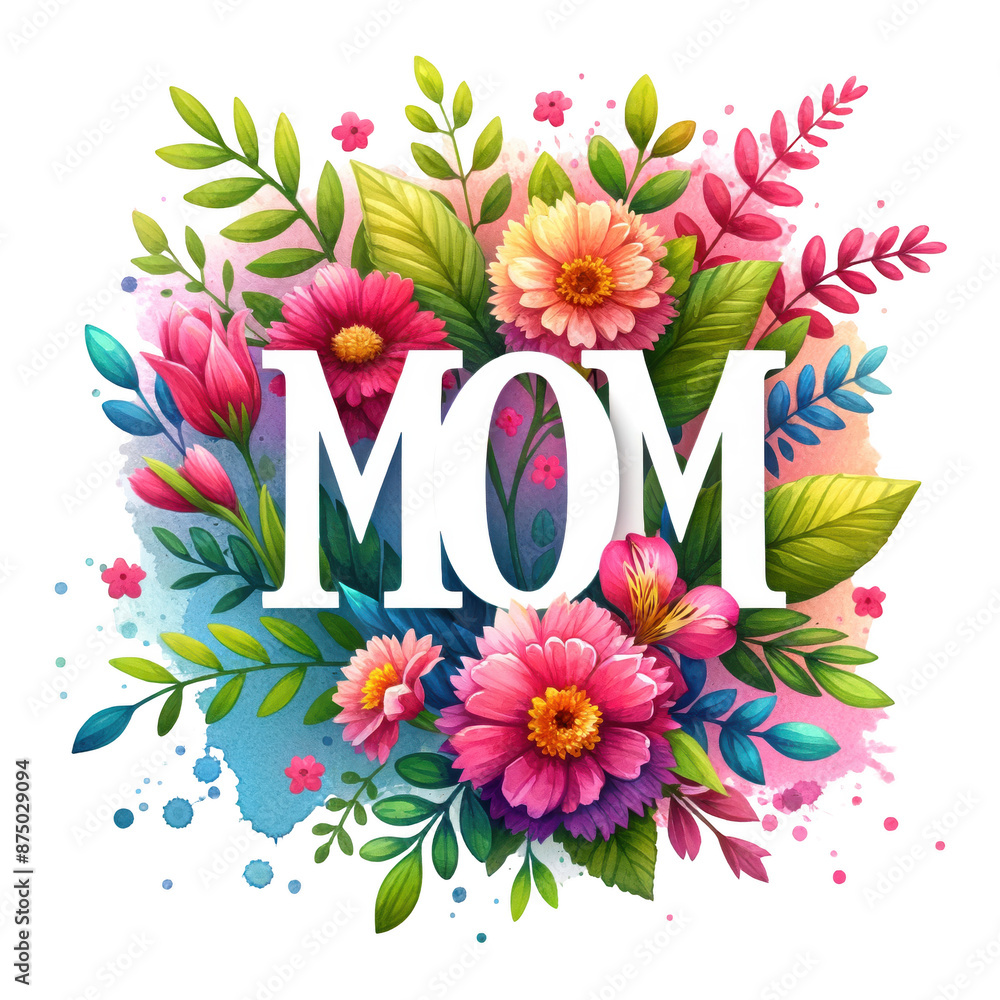 Obraz premium Mom text with flowers with transparent PNG background