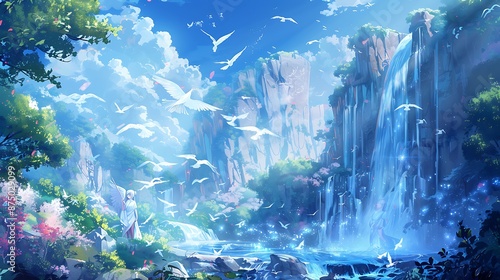 illustration, anime, art, cartoon, background, light, manga, cloud, style, sky, beautiful, japan, japanese, design, nature, landscape, vector, drawing, wallpaper, blue, fantasy, person, night, abstrac