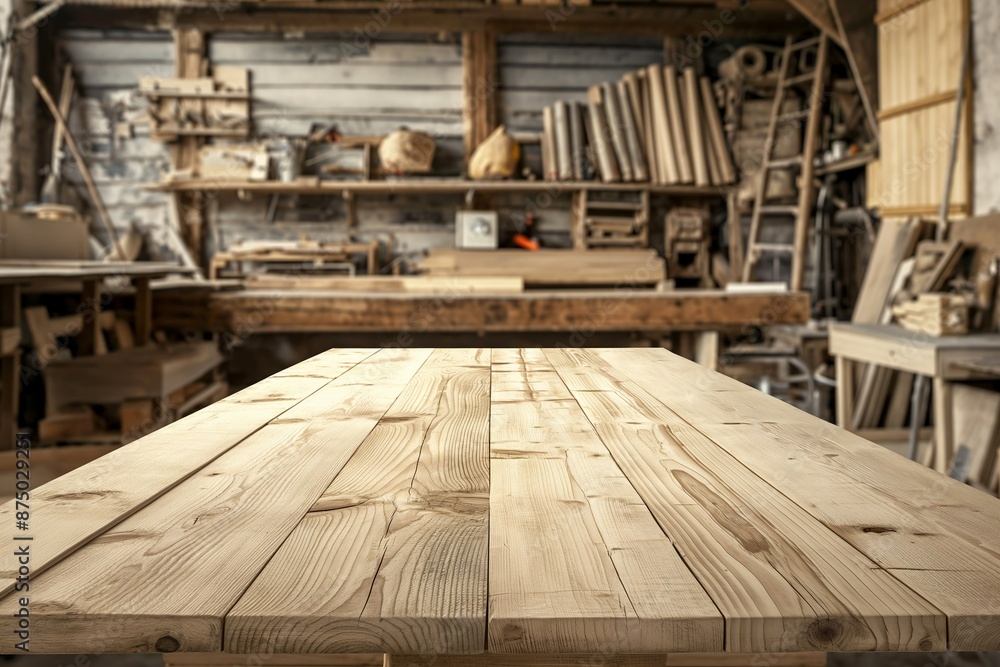 Empty light wooden table top in a carpentry workshop, a blurry background Empty light wooden table top in a carpentry workshop, a blurry background