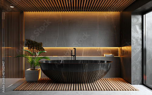 Modern bathroom black walls with thin wooden slats on the wall and ceiling, Bathroom interior design
