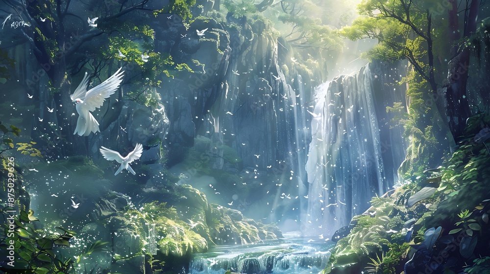 Obraz premium illustration, anime, art, cartoon, background, light, manga, cloud, style, sky, beautiful, japan, japanese, design, nature, landscape, vector, drawing, wallpaper, blue, fantasy, person, night, abstrac