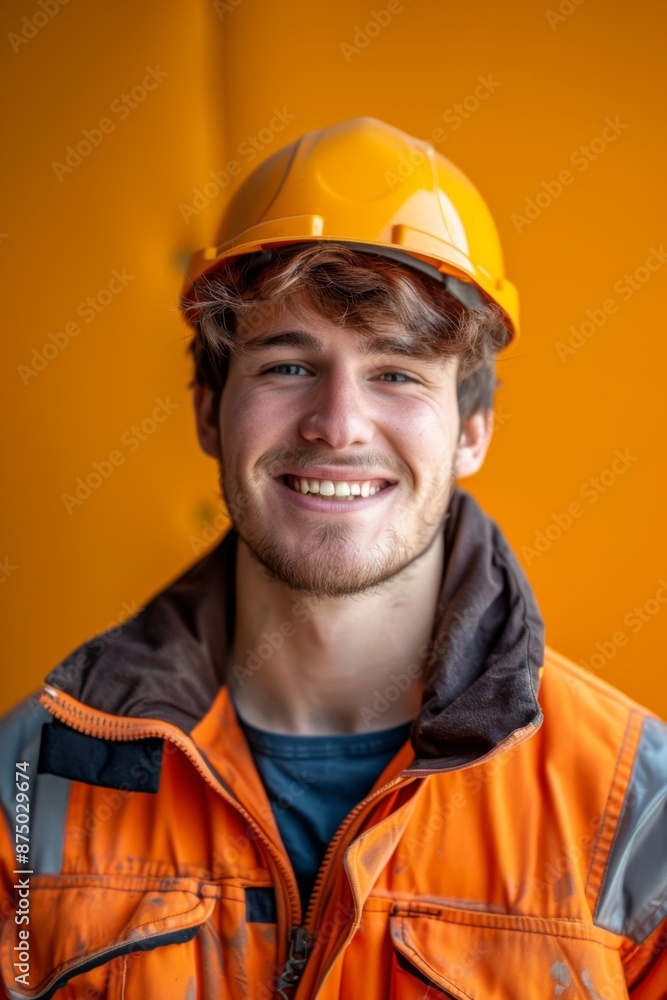 Portrait of a happy construction worker in a yellow hard hat and orange jacket Portrait of a happy construction worker in a yellow hard hat and orange jacket
