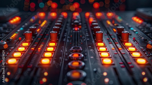 Podcast studio control panel with illuminated switches and meters © kanesuan