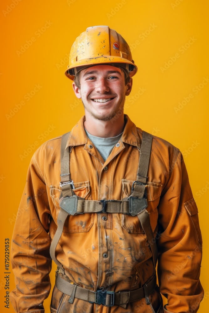 A construction worker in a yellow jumpsuit and hard hat smiles at the camera A construction worker in a yellow jumpsuit and hard hat smiles at the camera