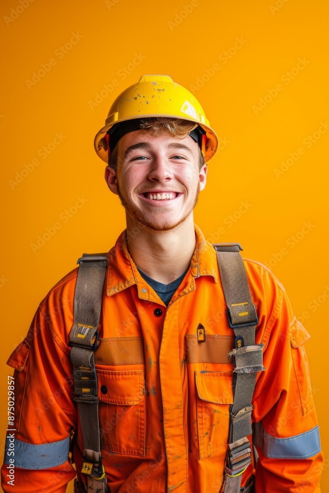A young man in a hard hat and work clothes smiles for the camera A young man in a hard hat and work clothes smiles for the camera