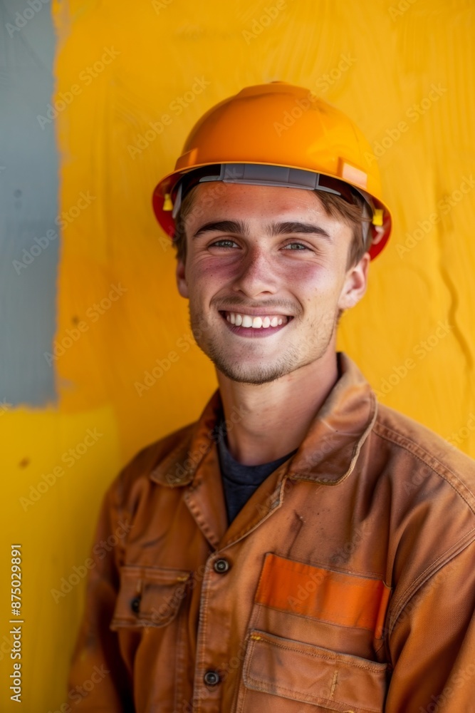 A young man in a hard hat and work clothes looks happy and confident A young man in a hard hat and work clothes looks happy and confident