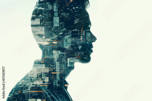 Face of man with superimposed image of cityscape with surrounding buildings and lights within the face on white background. Double exposure. Concept of isolation and loneliness