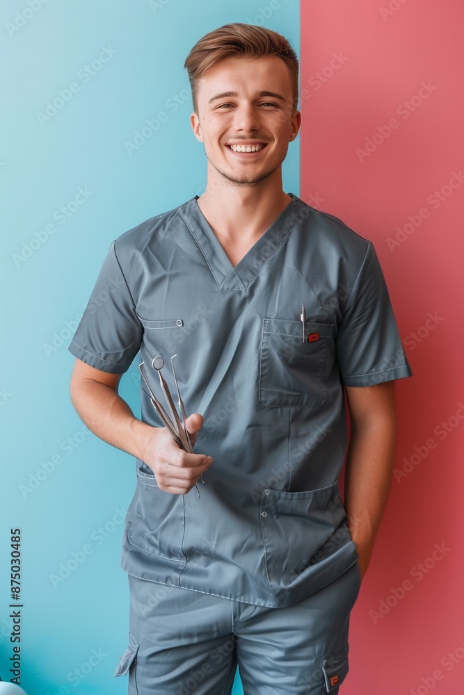 Smiling young male dentist in scrubs holding dental tools in his hand Smiling young male dentist in scrubs holding dental tools in his hand
