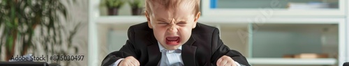 Angry Baby Wearing a Suit at Office Desk, Capturing the Hilarious Contrast of a Serious Business Environment and a Cute Infant, Perfect for Humorous and Corporate-Themed Promotions photo