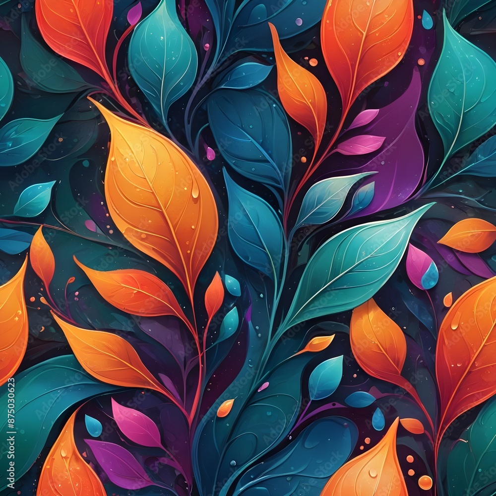 Abstract Fusion: Leaves, Flowers, and Water Droplets in Bold Colors Abstract Fusion: Leaves, Flowers, and Water Droplets in Bold Colors