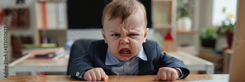 Angry Baby Wearing a Suit at Office Desk, Capturing the Hilarious Contrast of a Serious Business Environment and a Cute Infant, Perfect for Humorous and Corporate-Themed Promotions photo