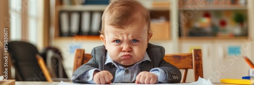 Angry Baby Wearing a Suit at Office Desk, Capturing the Hilarious Contrast of a Serious Business Environment and a Cute Infant, Perfect for Humorous and Corporate-Themed Promotions photo