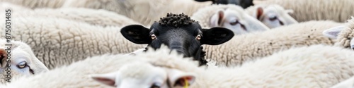 Black Sheep Among White Sheep in a Pasture, Highlighting the Concept of Individuality and Uniqueness in a Group, Perfect for Themes of Diversity and Nonconformity photo