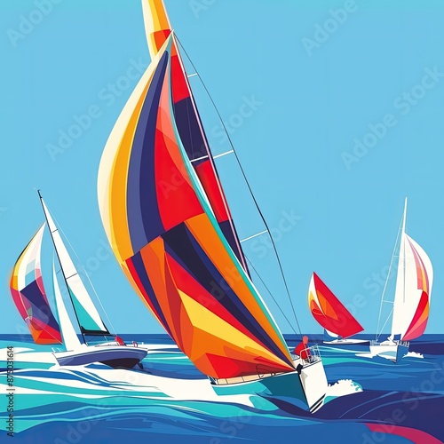Sailboats racing in the ocean with a blue sky in the background, summer Olympics