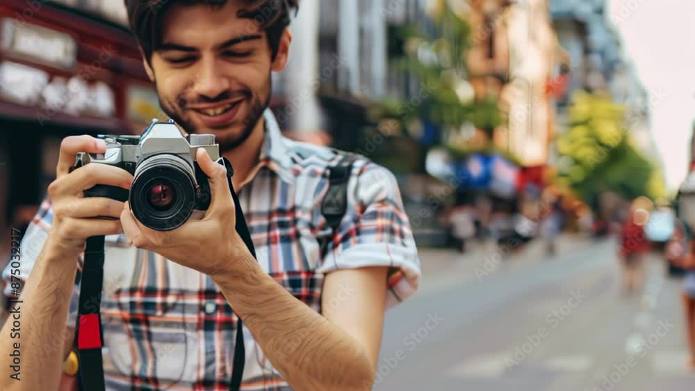World Photography Day. man tourist using camera in street . ai generated World Photography Day. man tourist using camera in street . ai generated