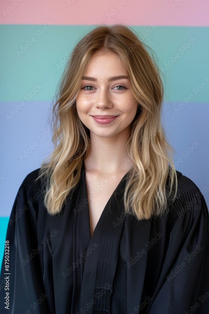 Portrait of a young woman smiling in a black robe against a colorful background Portrait of a young woman smiling in a black robe against a colorful background