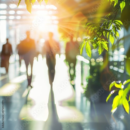 Blurred Business People Walking in Office Corridor with Green Trees and Sunlight, Capturing the Dynamic and Energetic Atmosphere of a Trade Show, Perfect for Themes of Business Activity and Networking photo