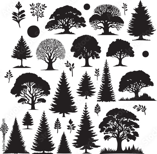 Free vector vintage trees and forest silhouettes vector black color silhouette