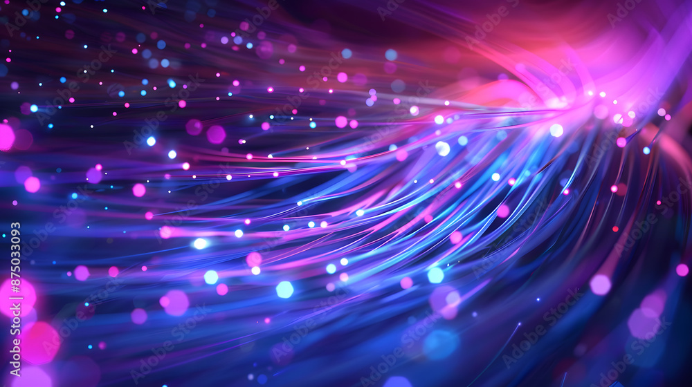 Abstract depiction of glowing fiber optic cables. Digital image of glowing neon vibrant color light path with dark background. Technology and communication concept for design and wallpaper. Abstract depiction of glowing fiber optic cables. Digital image of glowing neon vibrant color light path with dark background. Technology and communication concept for design and wallpaper.