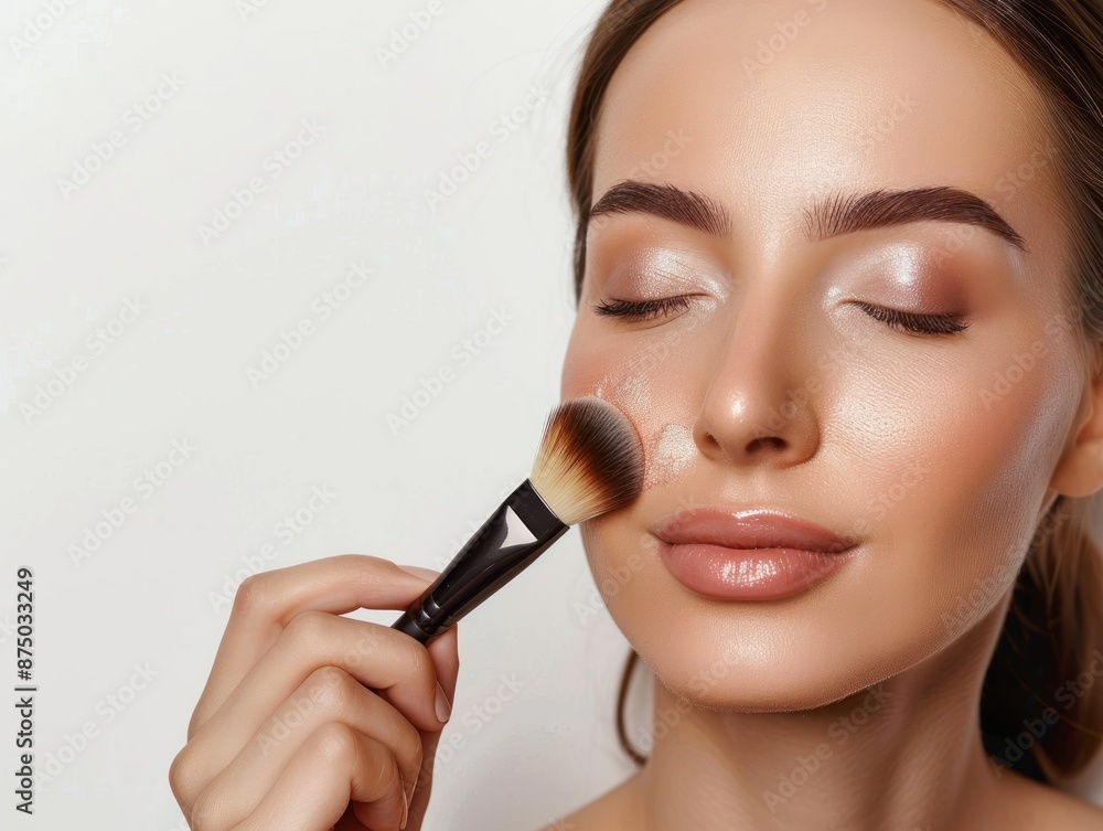 Close-up of a woman applying dry cosmetic tonal foundation on the face using a makeup brush. on white background: banner for a makeup artist studio service, or cosmetics store branding concept. Close-up of a woman applying dry cosmetic tonal foundation on the face using a makeup brush. on white background: banner for a makeup artist studio service, or cosmetics store branding concept.