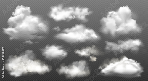Vector set of white cloud, smoke or fog isolated on black transparent background. Cloud overlay texture, fire smoke wave or smoking explosion effect. Nature sky, cloud pattern or food smoke symbol art