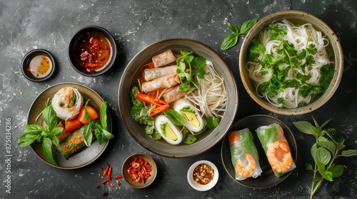 Vietnamese food featuring spring rolls, a noodle soup, and dipping sauces