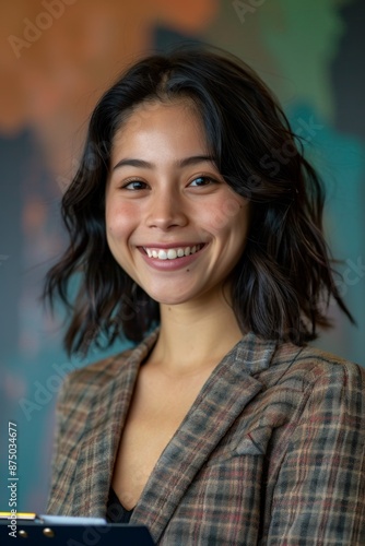 Portrait of a smiling young woman with dark hair, wearing a plaid blazer, against a colorful background © Lem