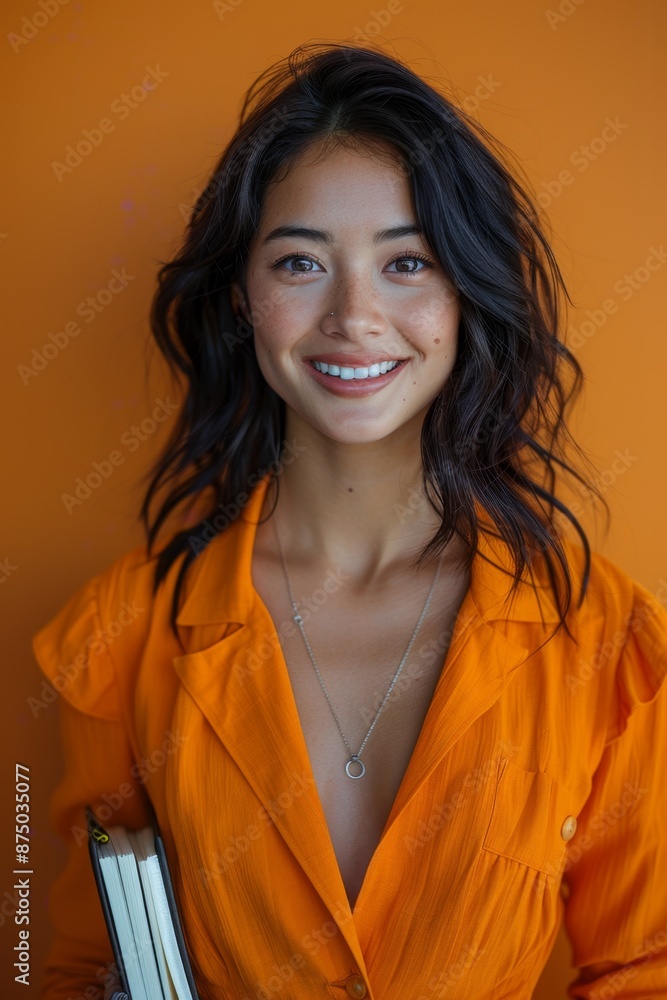 Portrait of a smiling woman with dark hair wearing an orange shirt against a bright orange background Portrait of a smiling woman with dark hair wearing an orange shirt against a bright orange background