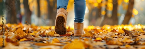 Close-Up of Mother and Little Girl Walking in Autumn Park with Dry Leaves, Highlighting Family Bond and Seasonal Beauty, Perfect for Family Day Celebrations and Parental Love Themes photo