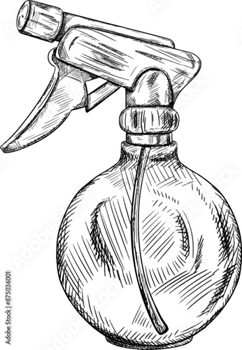 Spray gun for spraying plants with water in the home garden. Caring for micro-greenery and flowers. Equipment for florists, hairdressers, agronomists. Vector illustration in black ink graphically