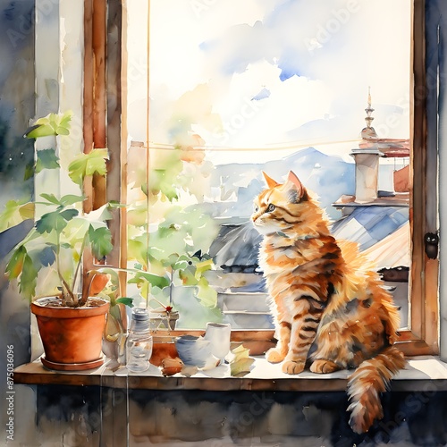 Cultural Heritage: AI Watercolor of Cats and Zen Gardens in Japanese Homes