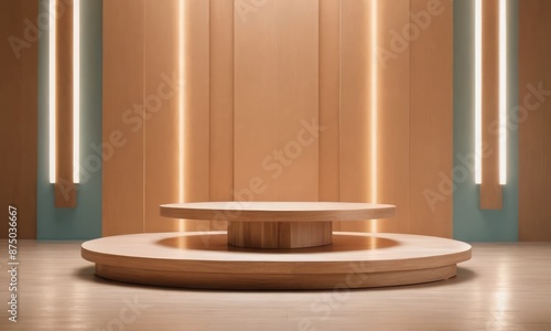 Wooden stand against a wall with bright lights. Product stand and podium for display. © Arsen H