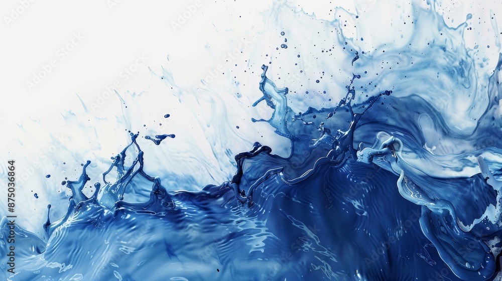 Abstract blue water splash on a white background showcasing dynamic motion and vibrant energy in nature, great for backgrounds or presentations.