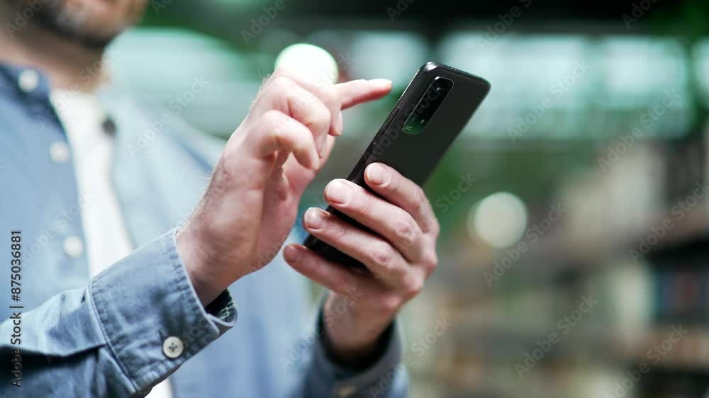 Сlose up male hand using smartphone communication with light bokeh standing indoor shopping center mall. Man in blue shirt use online store for discount, sale promotions using a mobile phone Closeup Сlose up male hand using smartphone communication with light bokeh standing indoor shopping center mall. Man in blue shirt use online store for discount, sale promotions using a mobile phone Closeup