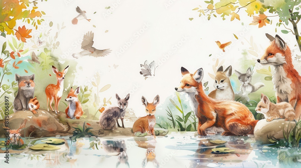 Fototapeta premium A watercolor illustration of a group of forest animals gathered around a pond, with gentle, natural colors and fluid brushstrokes 