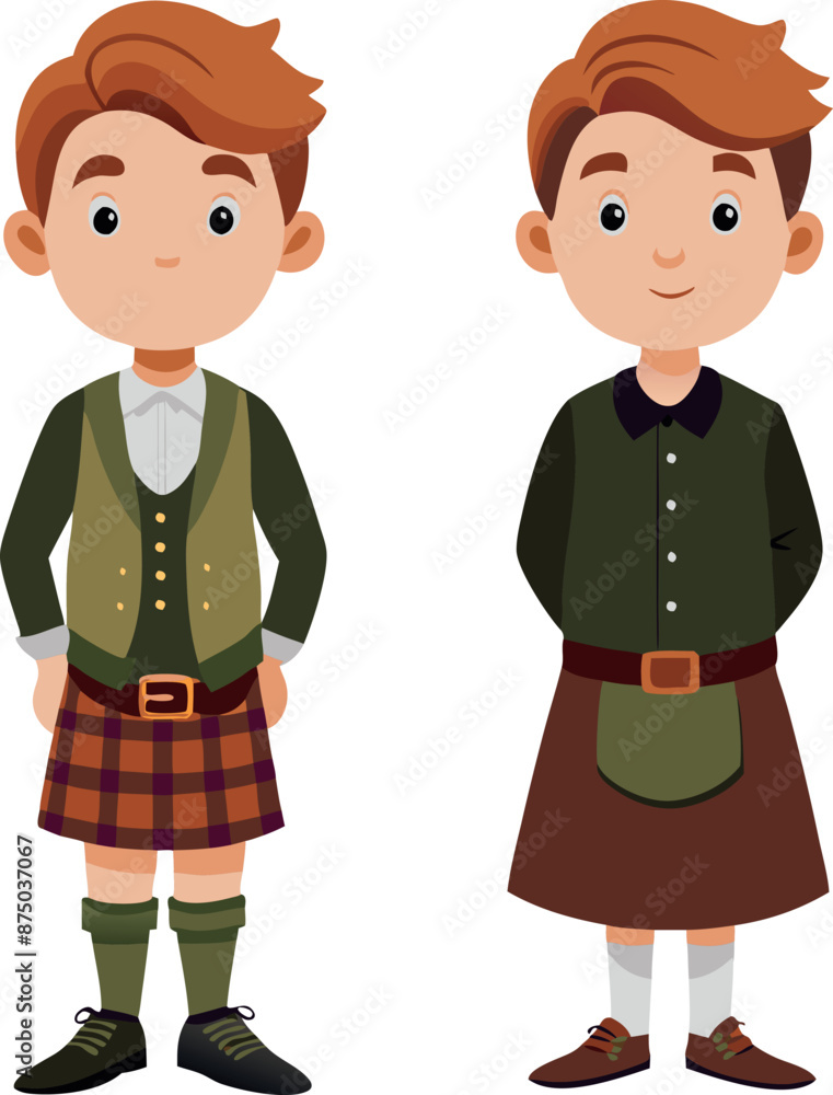 Cartoon Boys in Traditional Scottish Outfits on White Background Cartoon Boys in Traditional Scottish Outfits on White Background