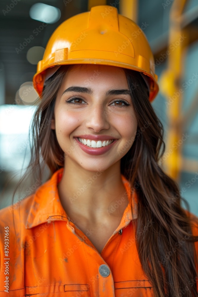 Smiling woman construction worker in hard hat and safety gear Smiling woman construction worker in hard hat and safety gear