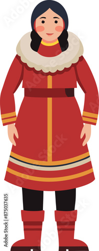Illustration of Woman in Traditional Red Winter Clothing