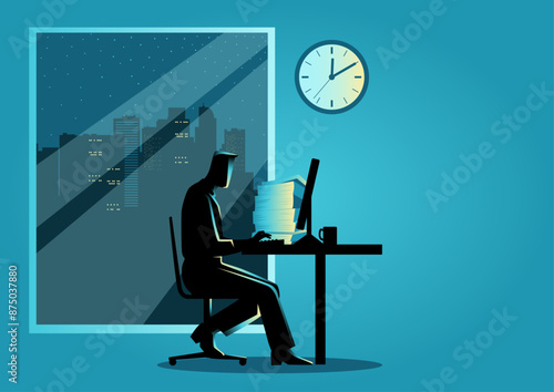 Vector illustration of a man working on a computer late at night, with a cityscape visible through the window. Symbolizes dedication, hard work, and the modern work environment