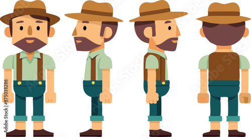 Cartoon Farmer Character in Various Poses From Four Angles