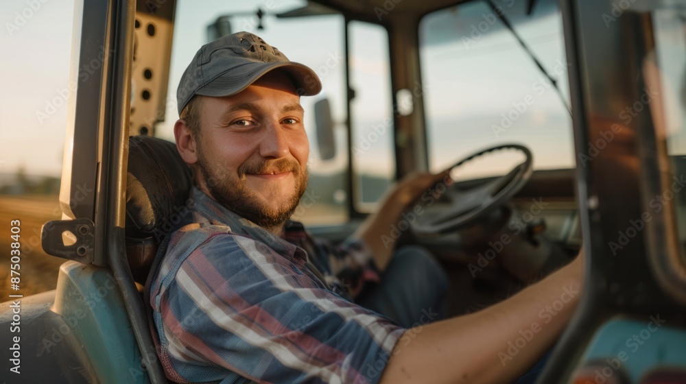 smile young handsome farmer in cap sitting in tractor with open door and smiling to camera smile young handsome farmer in cap sitting in tractor with open door and smiling to camera