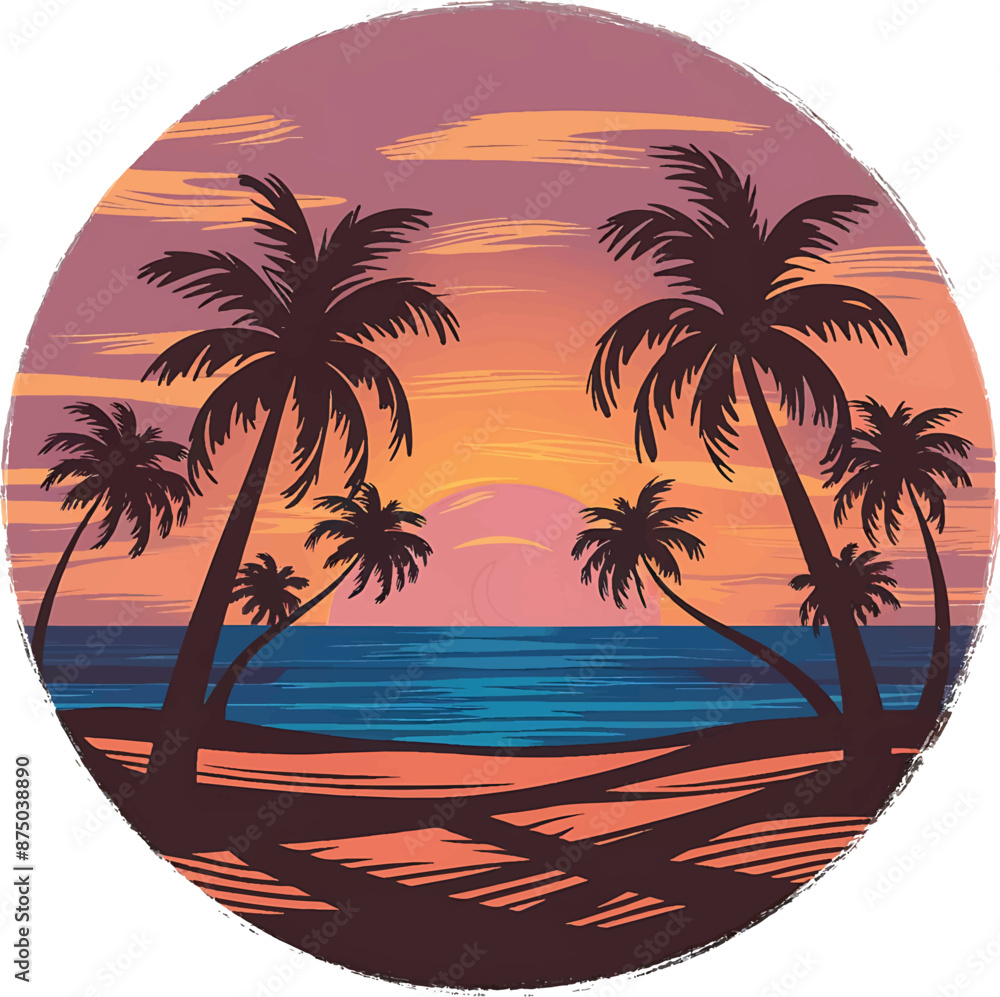 Summer Sunset Illustration: Fiery Sky, Palm Trees, and Golden Sand Beach Summer Sunset Illustration: Fiery Sky, Palm Trees, and Golden Sand Beach